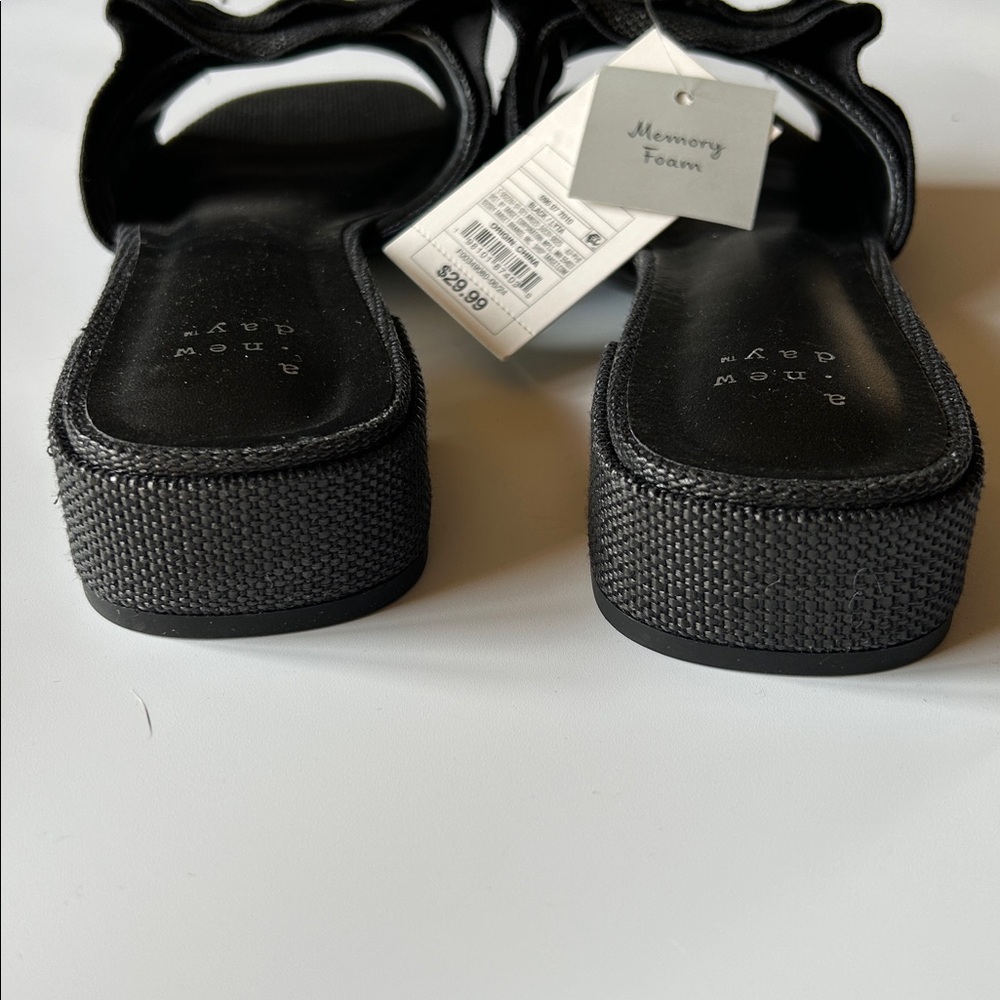 A New Day Lyta Raffia Ruffle Slide Sandals Memory Foam Insole Black - Picture 9 of 11